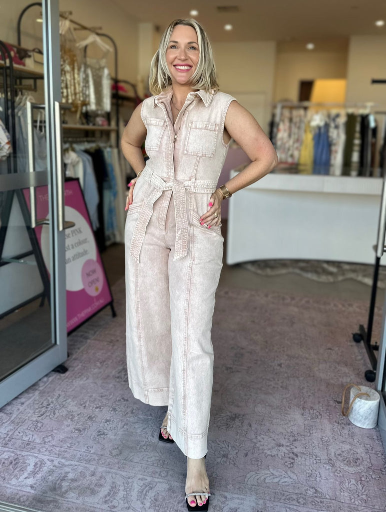 DAHLIA DENIM PANEL JUMPSUIT - THEPINK