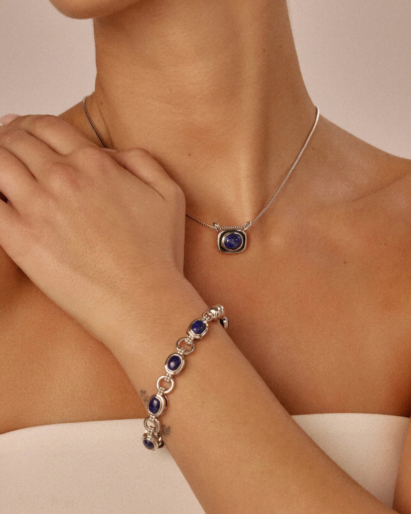 LAPIS BEZEL CHARM NECKLACE - SILVER - THEPINK