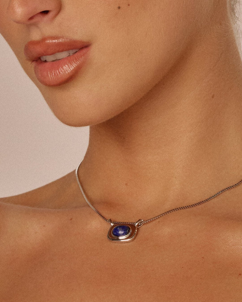 LAPIS BEZEL CHARM NECKLACE - SILVER - THEPINK