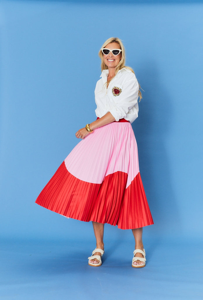 LILIAN PLEAT SKIRT - RED & PINK WAVE - THEPINK