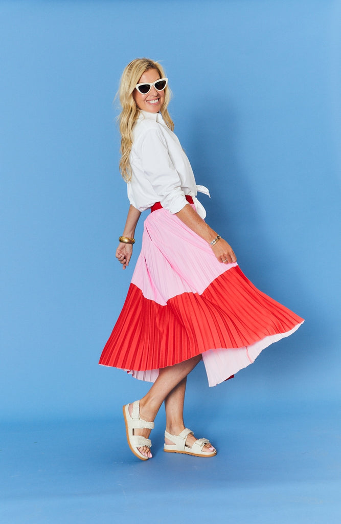 LILIAN PLEAT SKIRT - RED & PINK WAVE - THEPINK