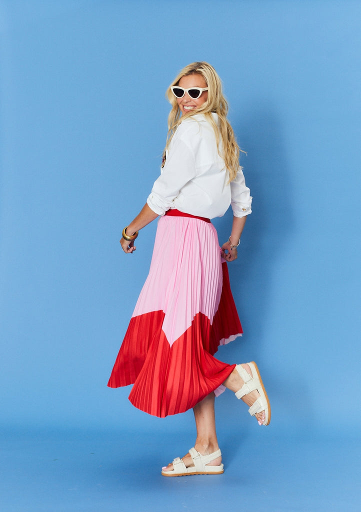 LILIAN PLEAT SKIRT - RED & PINK WAVE - THEPINK