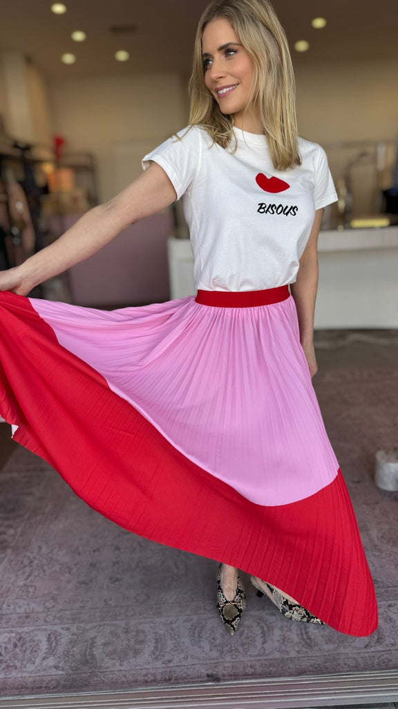 LILIAN PLEAT SKIRT - RED & PINK WAVE - THEPINK