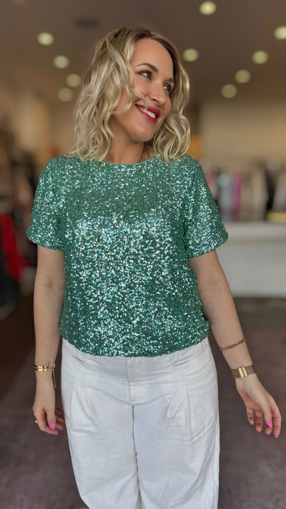 LUCIELLE SEQUIN TEE - TURQUOISE - THEPINK