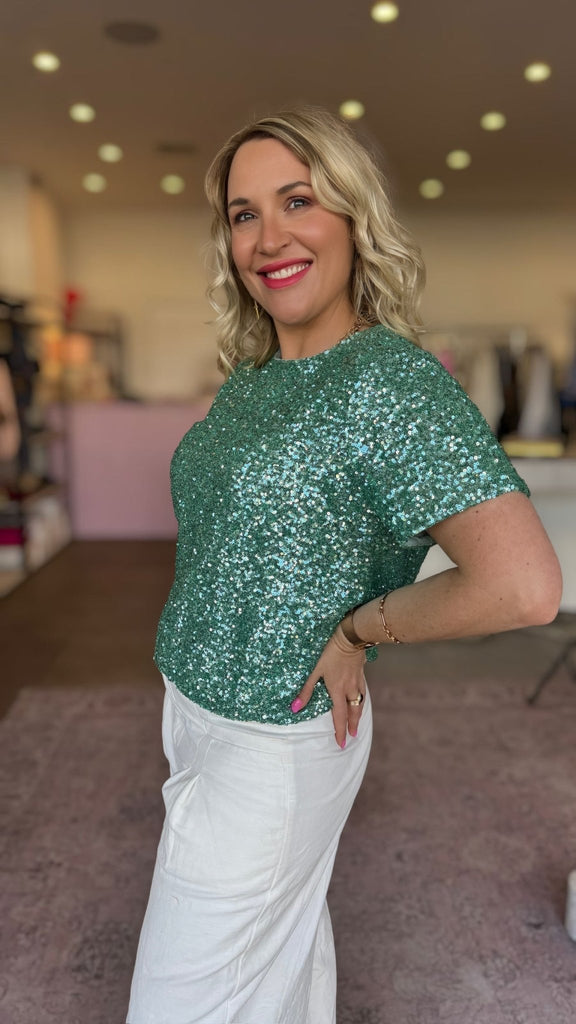 LUCIELLE SEQUIN TEE - TURQUOISE - THEPINK