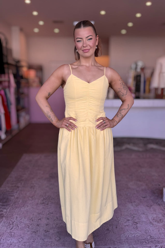 OPHELIA RUCHED MIDI DRESS - THEPINK